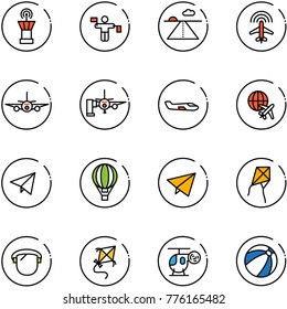 line vector icon set - airport tower vector, traffic controller, runway, plane radar, boarding passengers, small, globe, paper fly, air balloon, kite, protect glass, helicopter toy, beach ball