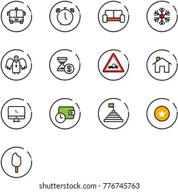 line vector icon set - airport bus vector, alarm clock, vip waiting area, snowflake, angel, account history, car crash road sign, home, monitor cursor, wallet time, pyramid flag, star medal