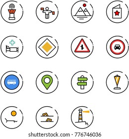 line vector icon set - airport tower vector, traffic controller, mountains, star postcard, hospital bed, main road sign, intersection, no car, bus, map pin, signpost, pennant, lounger, flip flops