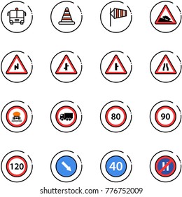 line vector icon set - airport bus vector, road cone, side wind, steep descent sign, abrupt turn right, intersection, narrows, no dangerous cargo, truck, speed limit 80, 90, 120, detour, minimal