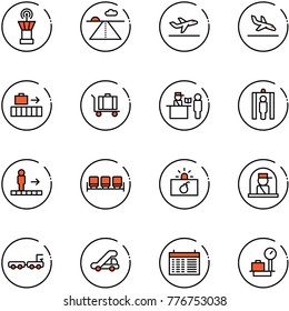 line vector icon set - airport tower vector, runway, departure, arrival, baggage, passport control, metal detector gate, travolator, waiting area, terrorism, officer window, truck, trap, schedule
