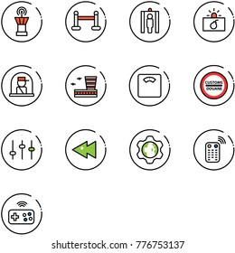 line vector icon set - airport tower vector, vip zone, metal detector gate, terrorism, officer window, building, floor scales, customs road sign, settings, fast backward, gear globe, remote control