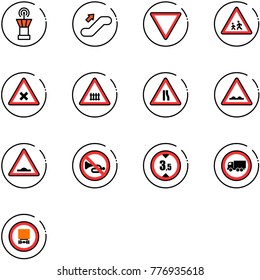 line vector icon set - airport tower vector, escalator up, giving way road sign, children, railway intersection, narrows, rough, artificial unevenness, no horn, limited height, truck