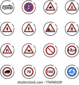 line vector icon set - airport bus vector, no parkin odd, tractor way road sign, pedestrian, intersection, gravel, narrows, cow, prohibition, limited width, truck, speed limit 70, 100, circle