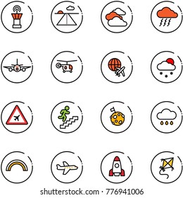 line vector icon set - airport tower vector, runway, clouds, storm, plane, helicopter, globe, snowfall, road sign, career, moon flag, rain cloud, rainbow, rocket, kite