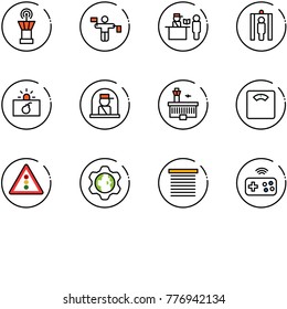 line vector icon set - airport tower vector, traffic controller, passport control, metal detector gate, terrorism, officer window, building, floor scales, light road sign, gear globe, jalousie