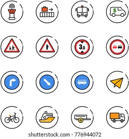 line vector icon set - airport tower vector, baggage, bus, encashment car, children road sign, intersection, limited height, no overtake, only right, detour, paper fly, bike, cruiser, trailer