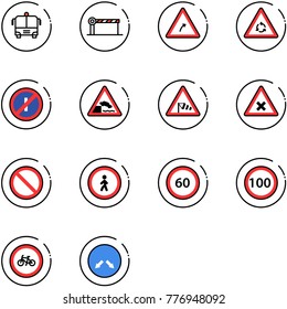 line vector icon set - airport bus vector, barrier, turn right road sign, round motion, no parkin odd, embankment, side wind, railway intersection, prohibition, pedestrian, speed limit 60, 100, bike