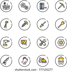 line vector icon set - airport building vector, gears, sun panel, axe, plumber, screw, clinch, wood drill, jig saw, wrench screwdriver, gear, gun sealant, chicken toy, excavator, block house
