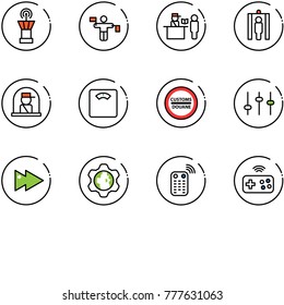 line vector icon set - airport tower vector, traffic controller, passport control, metal detector gate, officer window, floor scales, customs road sign, settings, fast forward, gear globe, remote