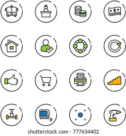 line vector icon set - airport bus vector, recieptionist, coin, cash, home, user check, friends, reload, like, cart, printer, stairs, gyroscope, monoblock pc, record button, drill