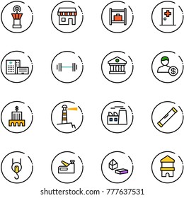 line vector icon set - airport tower vector, duty free, baggage room, first aid, hospital building, barbell, bank, account, lighthouse, plant, level, winch, stapler, constructor blocks