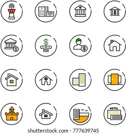 line vector icon set - airport tower vector, hospital building, bank, account, home, doors, sand fort, hotel, sea