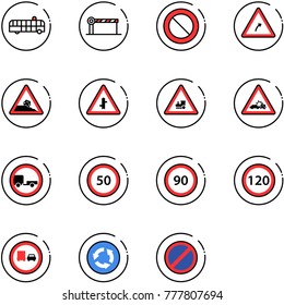 line vector icon set - airport bus vector, barrier, prohibition road sign, turn right, steep roadside, intersection, railway, car crash, no trailer, speed limit 50, 90, 120, truck overtake, circle