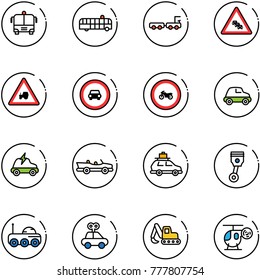 line vector icon set - airport bus vector, baggage truck, multi lane traffic road sign, tractor way, no car, moto, electric, cabrio, piston, moon rover, toy, excavator, helicopter
