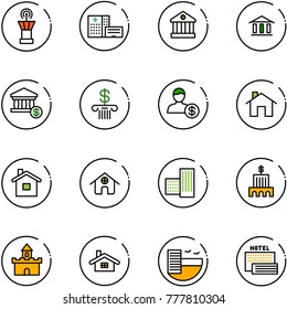 line vector icon set - airport tower vector, hospital building, bank, account, home, sand fort, hotel, sea