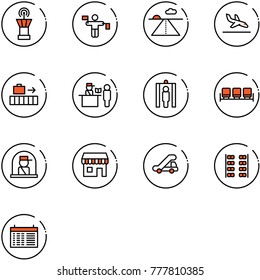 line vector icon set - airport tower vector, traffic controller, runway, arrival, baggage, passport control, metal detector gate, waiting area, officer window, duty free, trap truck, plane seats