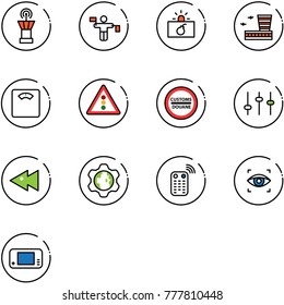 line vector icon set - airport tower vector, traffic controller, terrorism, building, floor scales, light road sign, customs, settings, fast backward, gear globe, remote control, eye scanner