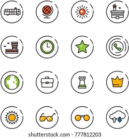 line vector icon set - airport bus vector, globe, sun, building, time, star, phone horn, portfolio, chess tower, crown, sunglasses, cloud exchange data