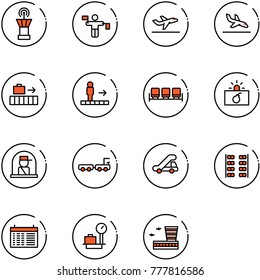 line vector icon set - airport tower vector, traffic controller, departure, arrival, baggage, travolator, waiting area, terrorism, officer window, truck, trap, plane seats, schedule, scales