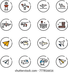 line vector icon set - airport tower vector, traffic controller, departure, arrival, boarding passengers, helicopter, building, paper fly, plane, toy