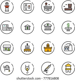 line vector icon set - airport tower vector, elevator, building, hospital, bank, store, sand fort, plant, cocncrete mixer, winch, gun sealant, toy block house