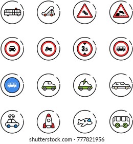 line vector icon set - airport bus vector, trap truck, multi lane traffic road sign, embankment, no car, moto, limited height, electric, limousine, toy, rocket, plane