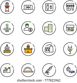 line vector icon set - airport tower vector, automatic doors, elevator, duty free, bank, account, building, store, sand fort, plant, winch, stapler, construction helmet, gun sealant
