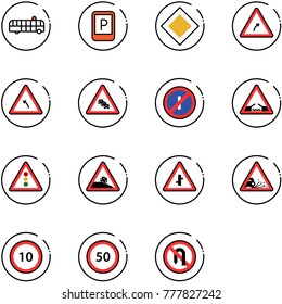 line vector icon set - airport bus vector, parking sign, main road, turn right, left, multi lane traffic, no parkin odd, drawbridge, light, steep roadside, intersection, gravel, speed limit 10, 50