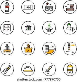 line vector icon set - airport tower vector, automatic doors, building, baggage room, bank, account, sand fort, hotel, lighthouse, bolt cutter, construction helmet, gun sealant, toy block house
