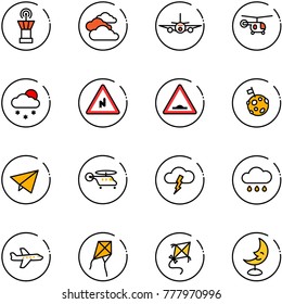line vector icon set - airport tower vector, clouds, plane, helicopter, snowfall, abrupt turn right road sign, artificial unevenness, moon flag, paper fly, storm, rain cloud, kite, lamp
