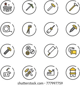line vector icon set - airport building vector, job, hammer, mason, measuring tape, plumber, screwdriver, screw, rivet, metal hacksaw, machine tool, welding, wrench, stapler, toy block house