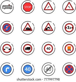 line vector icon set - airport bus vector, stop road sign, turn right, left, no parkin odd, climb, embankment, limited width, distance, truck, speed limit 40, dangerous cargo, only, minimal, end