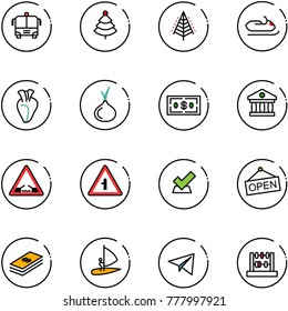 line vector icon set - airport bus vector, christmas tree, snowmobile, heart, onion, dollar, bank, drawbridge road sign, intersection, check, open, windsurfing, paper plane, abacus