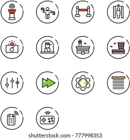line vector icon set - airport tower vector, traffic controller, vip zone, metal detector gate, terrorism, officer window, building, settings, fast forward, gear globe, jalousie, remote control