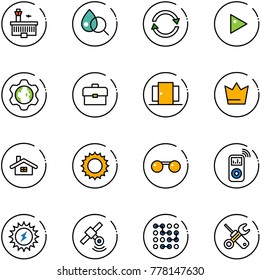 line vector icon set - airport building vector, blood test, exchange, play, gear globe, portfolio, doors, crown, home, sun, sunglasses, music player, power, satellite, circuit, wrench screwdriver