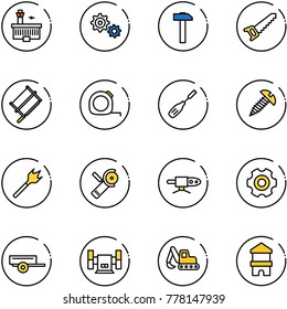 line vector icon set - airport building vector, gear, hammer, saw, bucksaw, measuring tape, chisel, screw, wood drill, Angular grinder, pipe welding, trailer, sharpening, excavator toy, block house