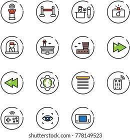 line vector icon set - airport tower vector, vip zone, passport control, terrorism, officer window, building, fast forward, backward, gear globe, jalousie, remote, joystick wireless, eye scanner