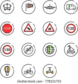 line vector icon set - airport bus vector, side wind, plane, encashment car, stop road sign, multi lane traffic, railway intersection, speed limit 120, 130, end, globe, sail boat, air balloon, bike