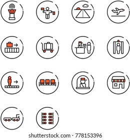 line vector icon set - airport tower vector, traffic controller, runway, departure, baggage, passport control, metal detector gate, travolator, waiting area, officer window, duty free, truck