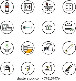 line vector icon set - airport tower vector, elevator, building, baggage room, hospital, barbell, bank, account, hotel, plant, level, cocncrete mixer, winch, stapler, gun sealant