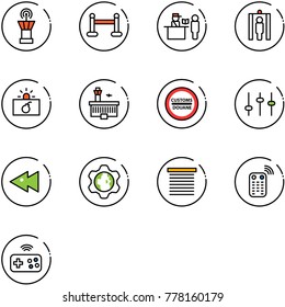 line vector icon set - airport tower vector, vip zone, passport control, metal detector gate, terrorism, building, customs road sign, settings, fast backward, gear globe, jalousie, remote