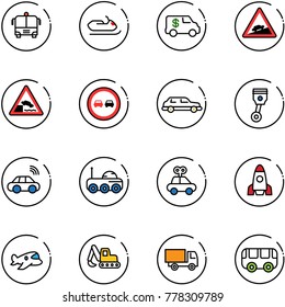 line vector icon set - airport bus vector, snowmobile, encashment car, climb road sign, embankment, no overtake, limousine, piston, wireless, moon rover, toy, rocket, plane, excavator, truck