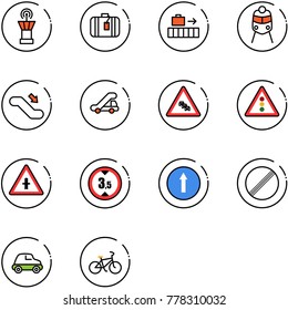 line vector icon set - airport tower vector, suitcase, baggage, train, escalator down, trap truck, multi lane traffic road sign, light, intersection, limited height, only forward, no limit, car