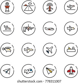 line vector icon set - airport tower vector, runway, plane radar, departure, arrival, boarding passengers, small, helicopter, jointer, paper, toy
