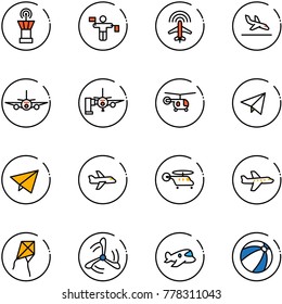 line vector icon set - airport tower vector, traffic controller, plane radar, arrival, boarding passengers, helicopter, paper fly, kite, wind mill, toy, beach ball
