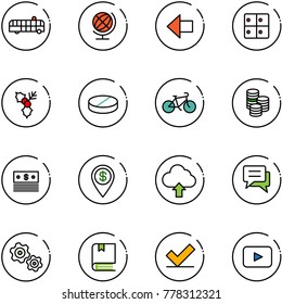 line vector icon set - airport bus vector, globe, left arrow, baggage room, holly, pill, bike, coin, dollar, pin, upload cloud, chat, gears, book, check, playback
