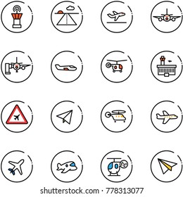 line vector icon set - airport tower vector, runway, departure, plane, boarding passengers, small, helicopter, building, road sign, paper fly, toy