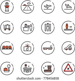 line vector icon set - airport tower vector, runway, departure, arrival, baggage, passport control, metal detector gate, travolator, waiting area, terrorism, truck, trap, scales, building, road sign