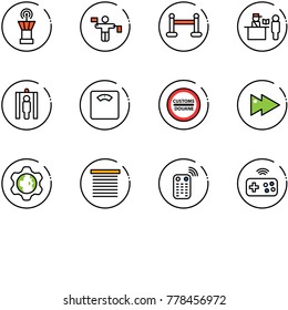 line vector icon set - airport tower vector, traffic controller, vip zone, passport control, metal detector gate, floor scales, customs road sign, fast forward, gear globe, jalousie, remote